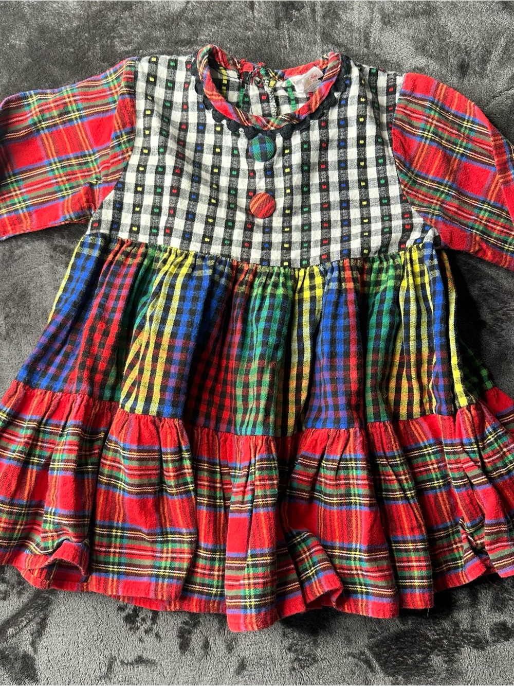 Vintage Buster Brown Girls Dress/Shirt Sz 6X Plaid Mixed Pattern Colorful Clown
